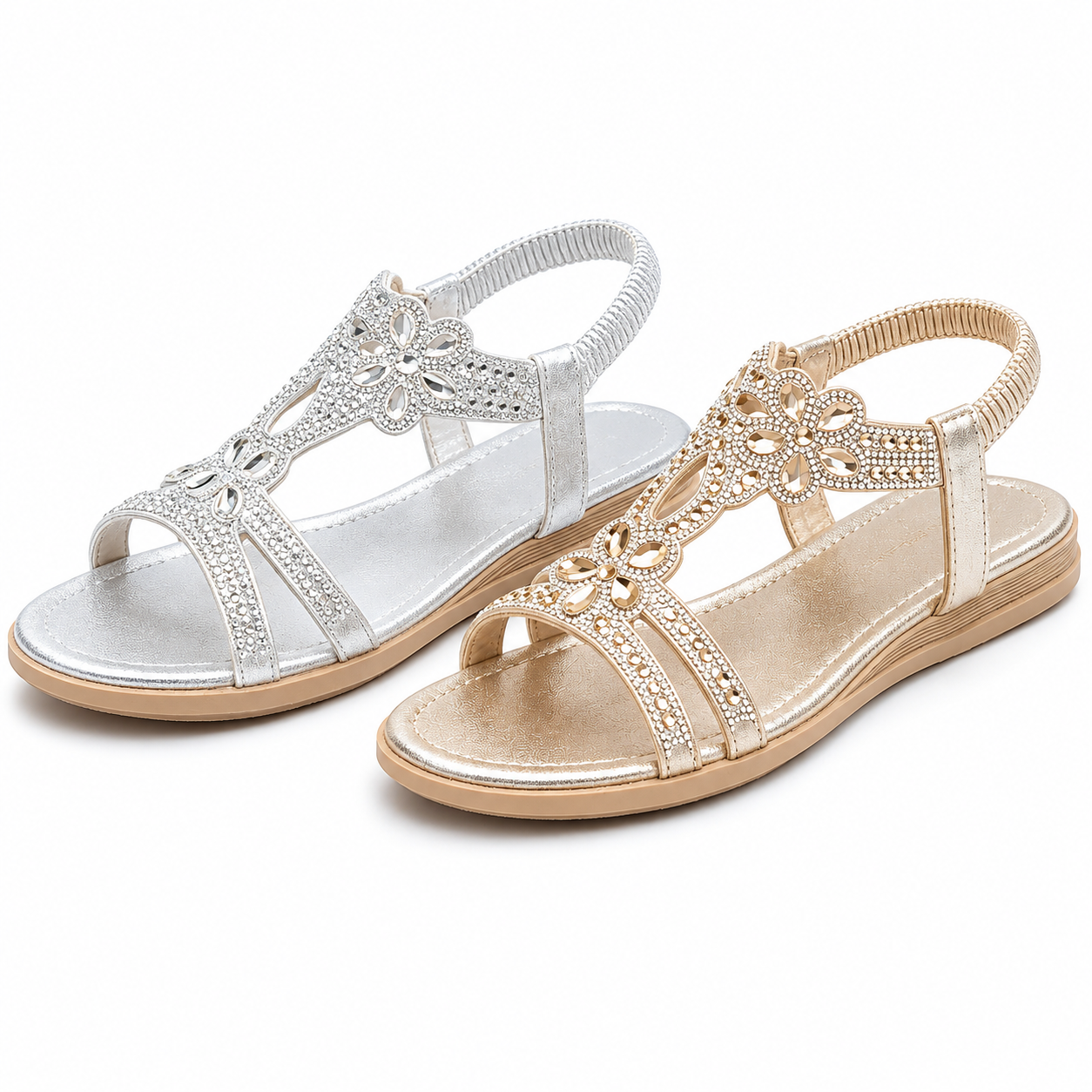 ✨Women's Rhinestone Flower Flat Sandals, Elastic Back Strap Bohemian Summer Sandals Multi-Color Sparkly Open-Toe Shoes
