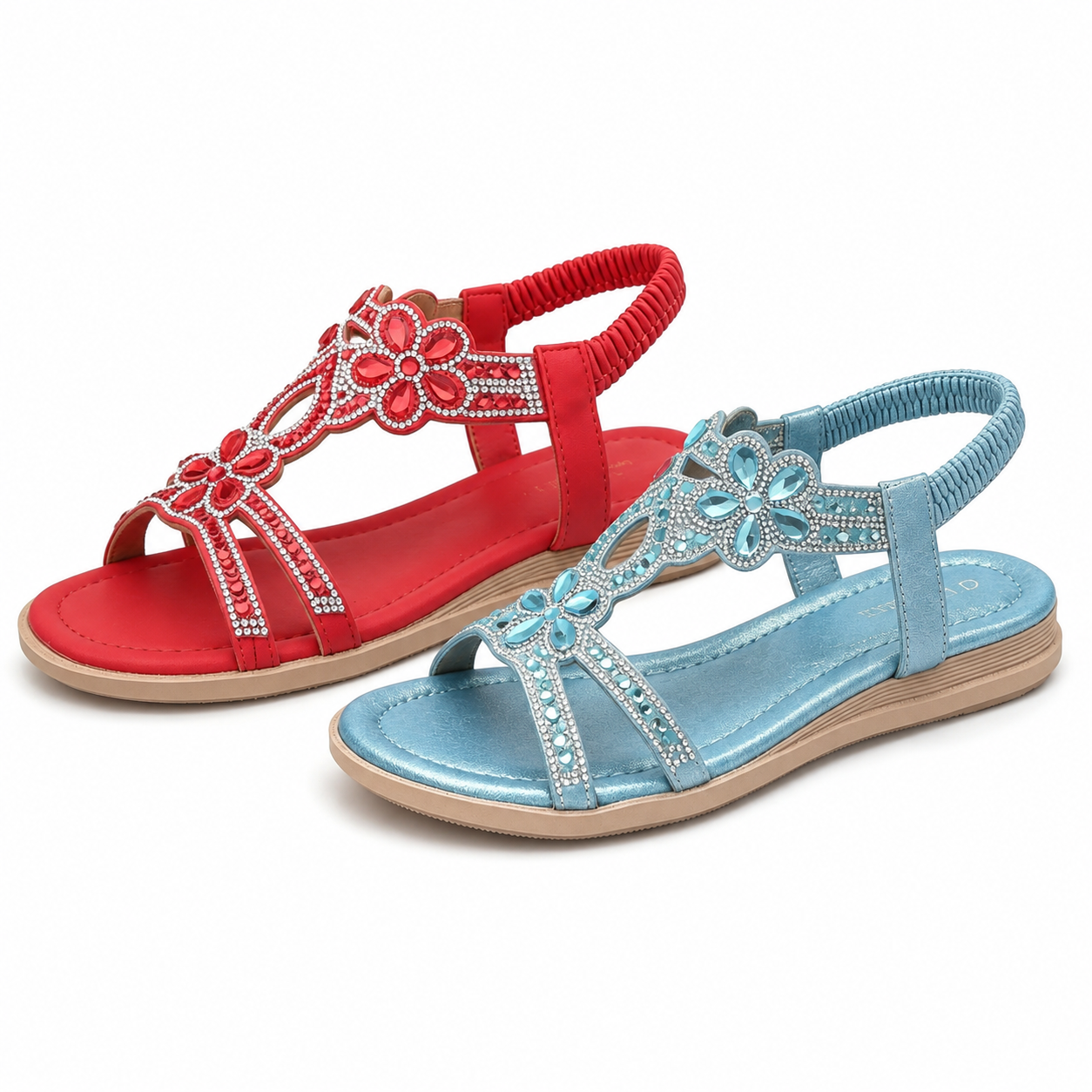 ✨Women's Rhinestone Flower Flat Sandals, Elastic Back Strap Bohemian Summer Sandals Multi-Color Sparkly Open-Toe Shoes