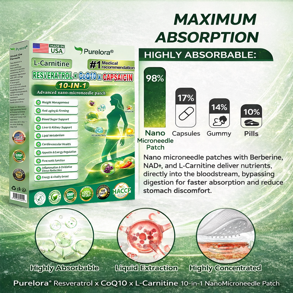 🔥New arrivals: 80% off | Purelora® L-Carnitine Resveratrol × CoQ10 × CAPSAICIN 10-in-1 Nano Microneedle Patch (Just once daily, visible changes in 7 days) ✅ Supports weight management, skin firmness, energy metabolism, cardiovascular health, fat burning